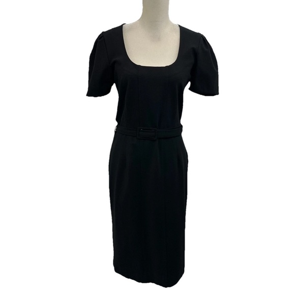 Hugo Boss Black Belted Dress Size Large Short Sleeve Scoop Neck Midi - Picture 1 of 10
